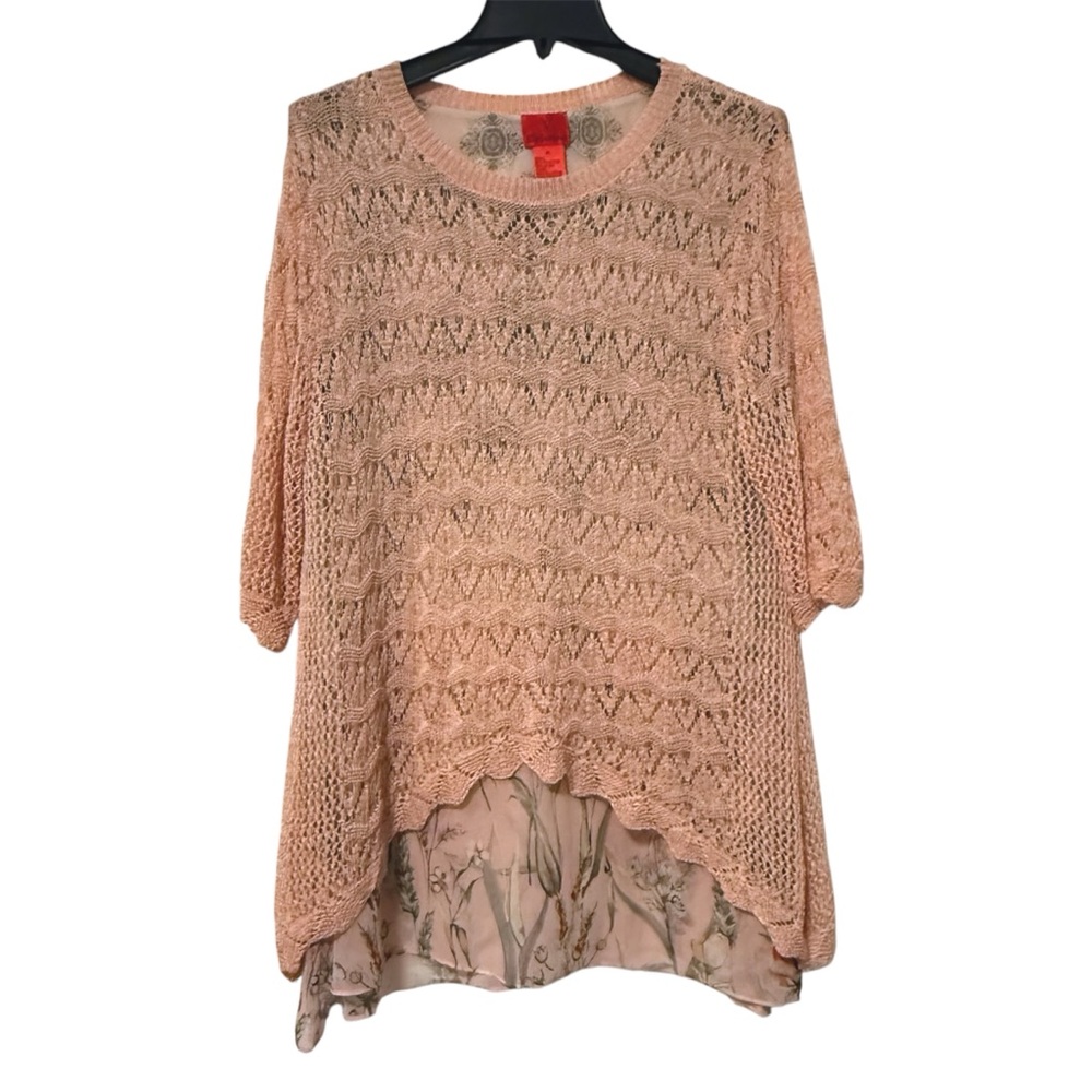 V‎ Christina Crochet Knit Scalloped Hem Sweater Peach Orange Size XL